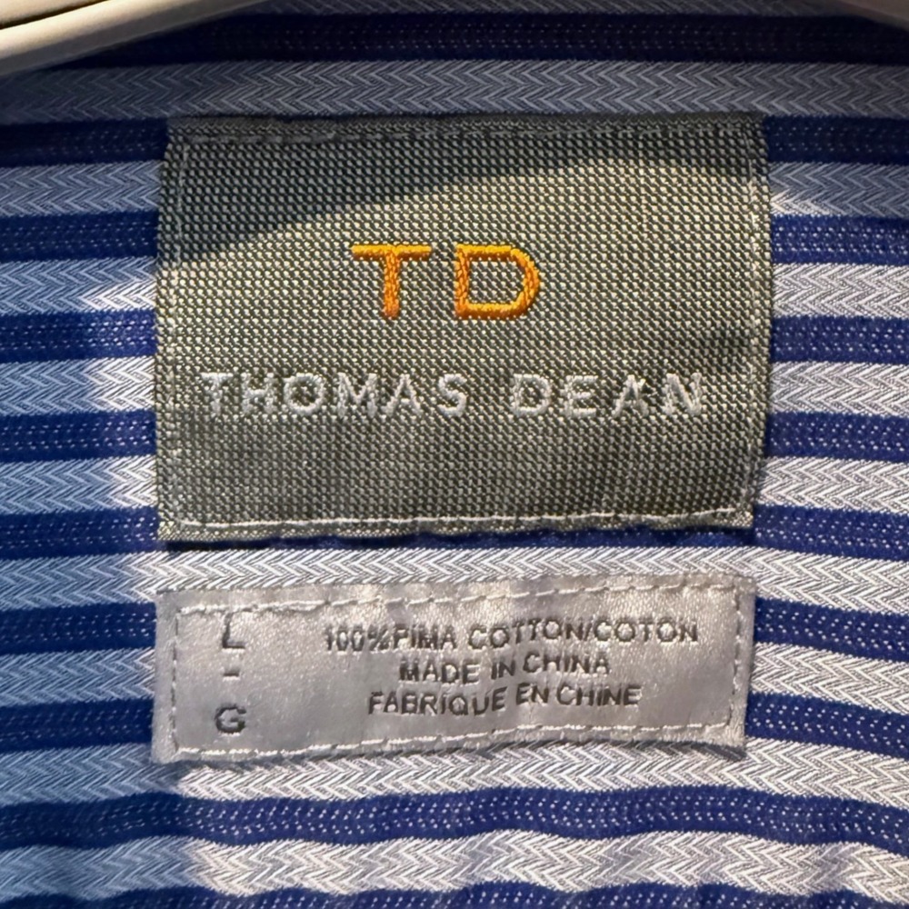 Thomas Dean Blue White Striped Pima Cotton Long Sleeve Button Up Shirt Large - Picture 4 of 5